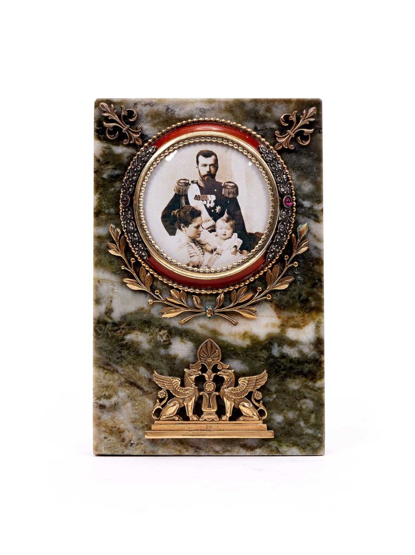 A FABERGE STYLE DIAMOND SET, MARBLE AND ENAMEL PHOTOGRAPH FRAME