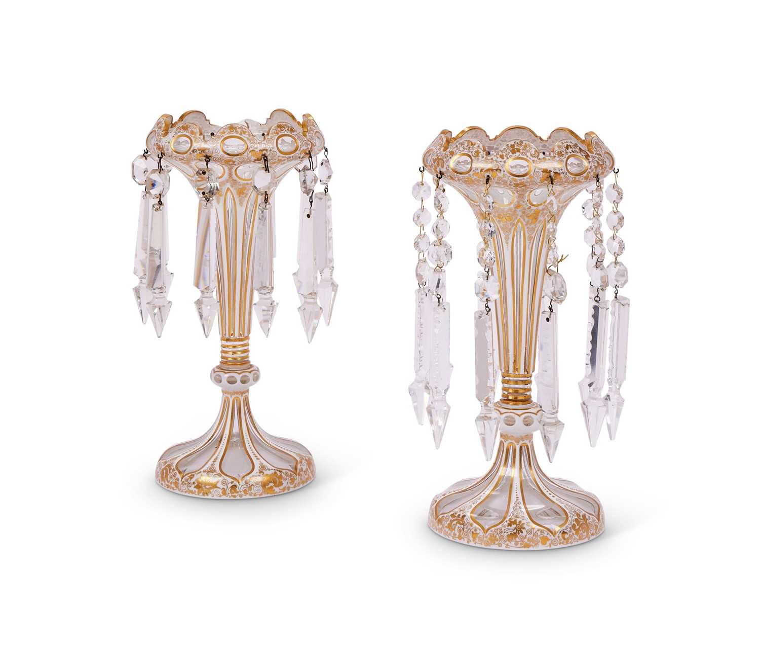 A PAIR OF 19TH CENTURY BOHEMIAN OVERLAY GLASS LUSTRE VASES