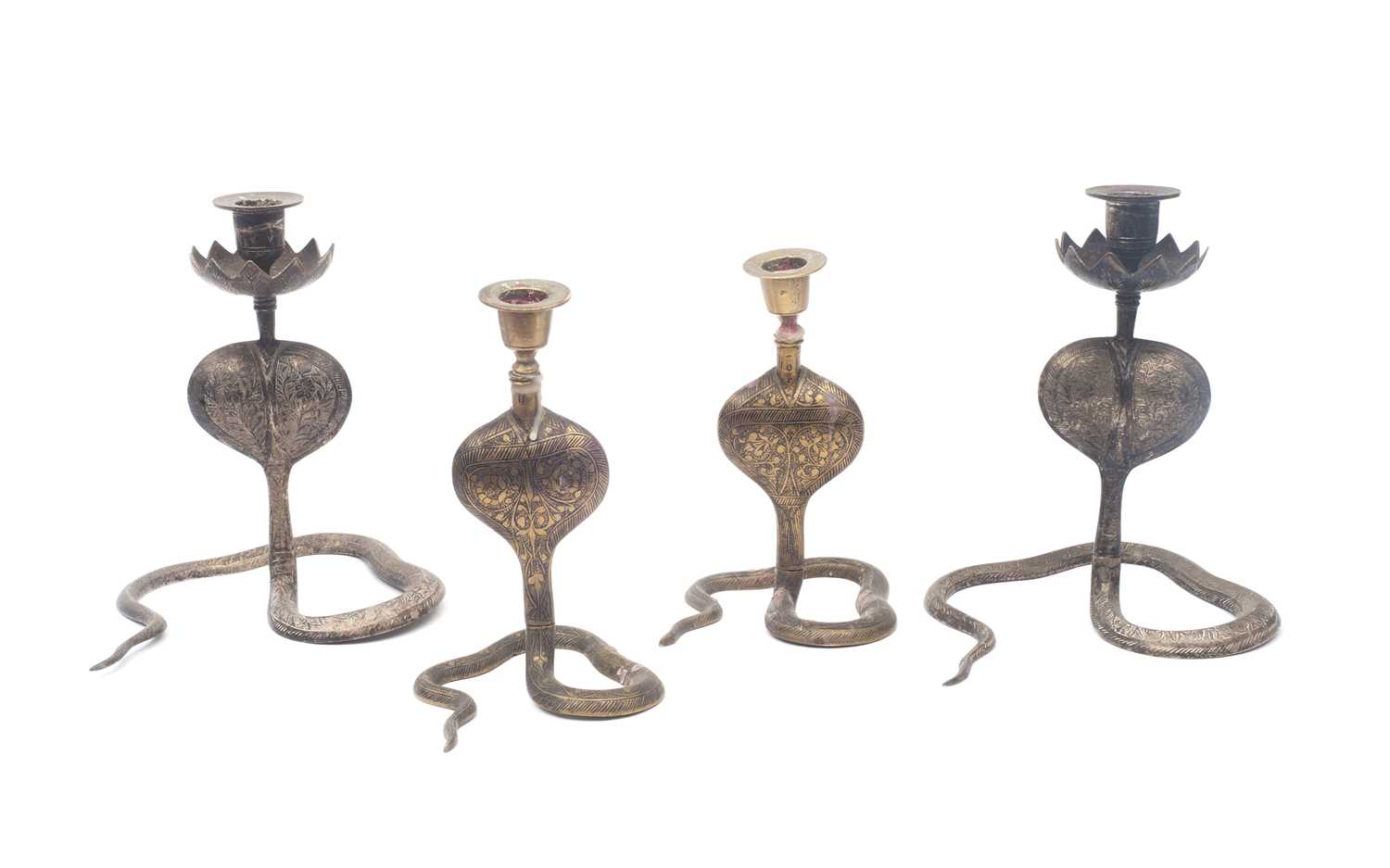 TWO PAIRS OF 19TH / EARLY 20TH CENTURY INDIAN COBRA CANDLESTICKS