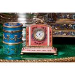 A FABERGE STYLE DIAMOND SET, GUILLOCHE ENAMEL AND SILVER GILT TRAVELLING CLOCK