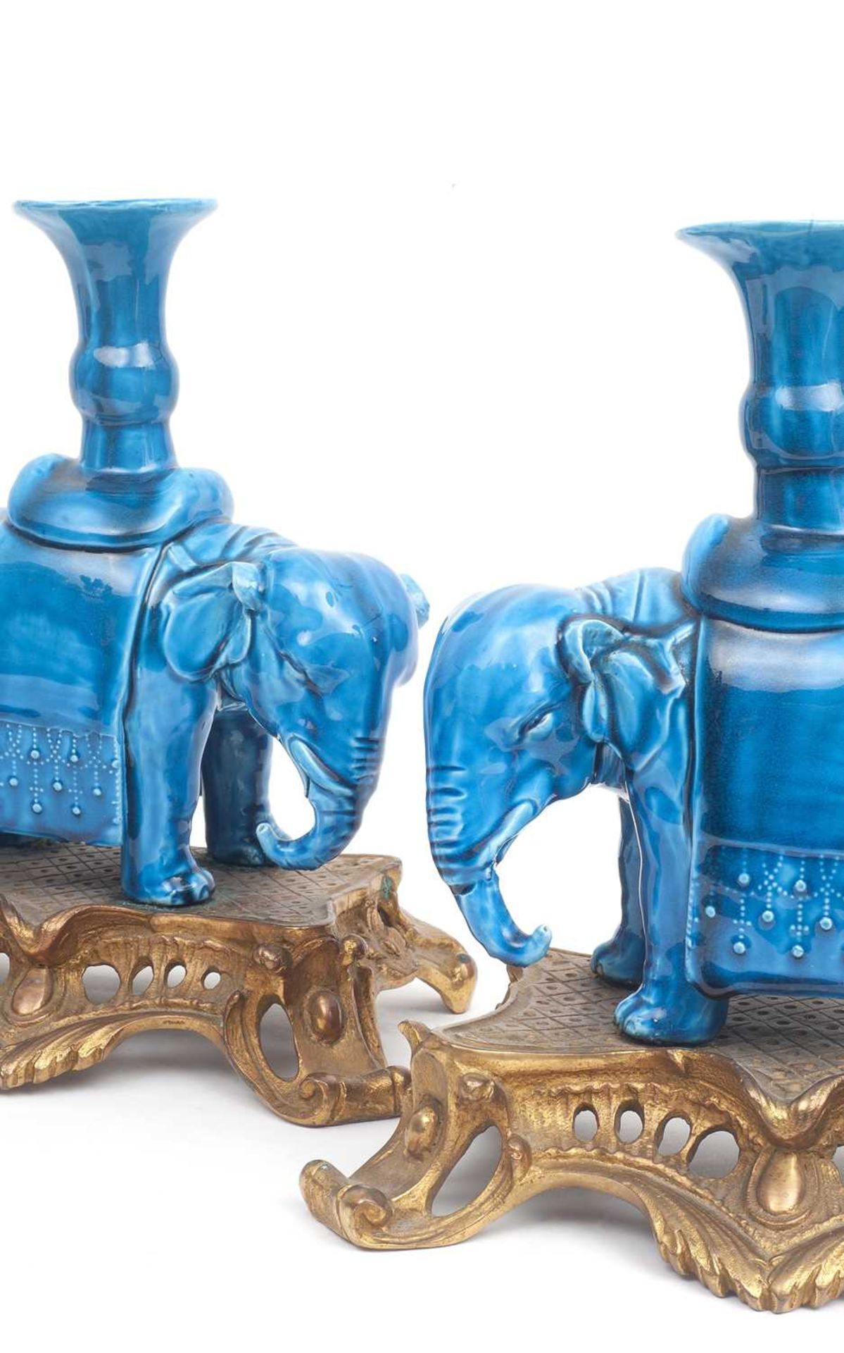 A PAIR OF 19TH CENTURY CHINESE QING DYNASTY TURQUOISE GLAZED ELEPHANT CANDLESTICKS - Image 2 of 3