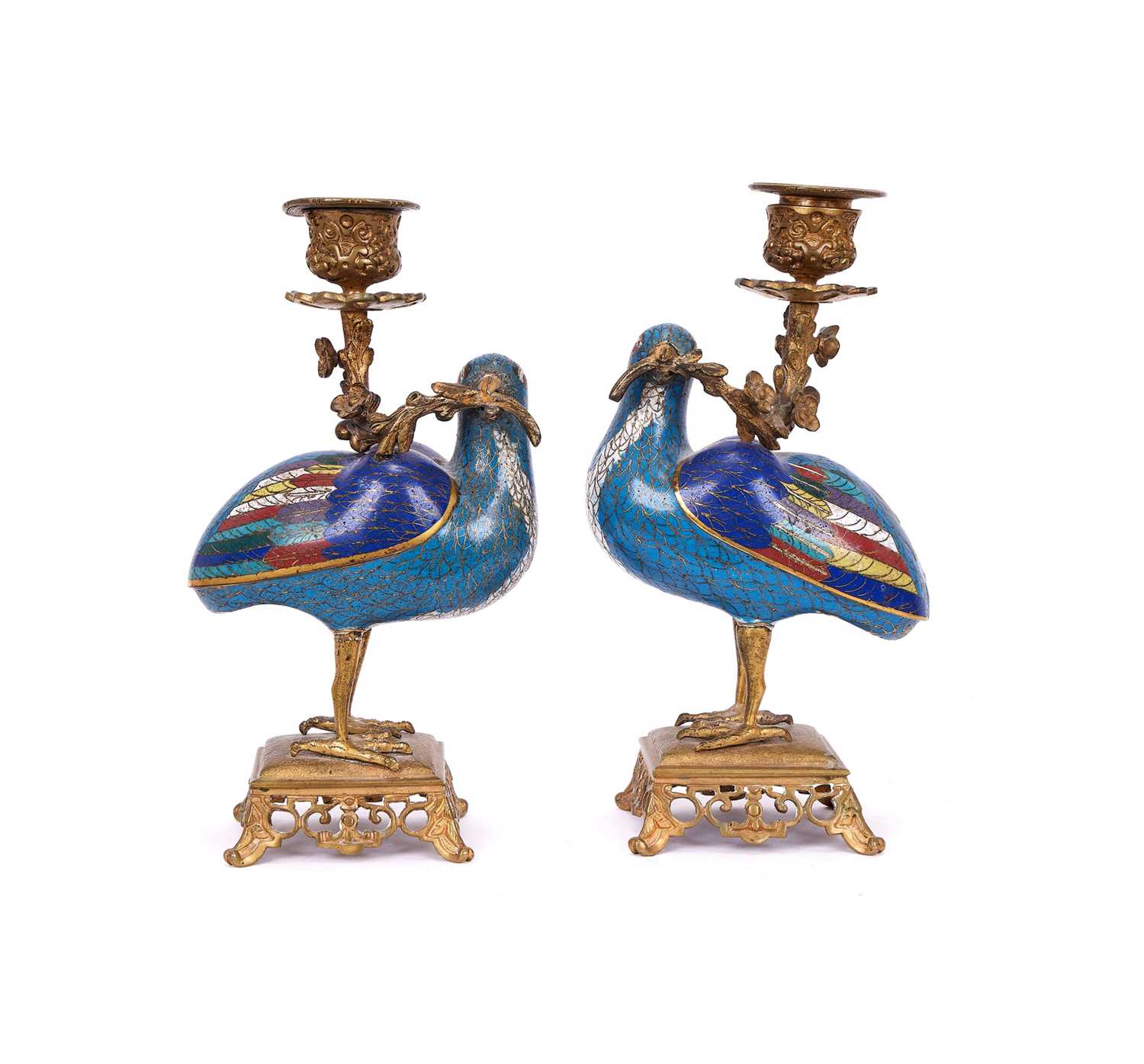 A PAIR OF 19TH CENTURY CHINESE CLOISONNE ENAMEL CANDLESTICKS MODELLED AS DOVES - Image 5 of 6