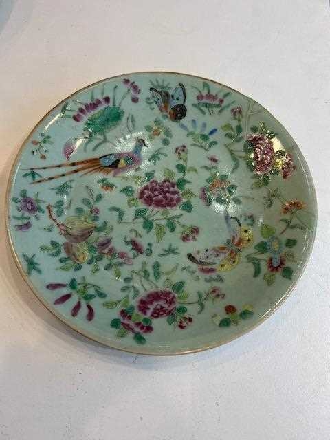 A SET OF SEVEN 19TH CENTURY CHINESE FAMILLE ROSE AND CELADON GLAZED PHOENIX PLATES - Image 8 of 16