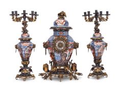 MANNER OF EDOUARD LIEVRE: AN IMPRESSIVE JAPONISME PORCELAIN AND ORMOLU CLOCK GARNITURE