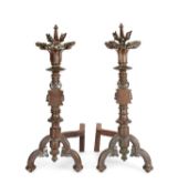 A LARGE PAIR OF 19TH CENTURY BRONZE ANDIRONS WITH FLAMING FINIALS