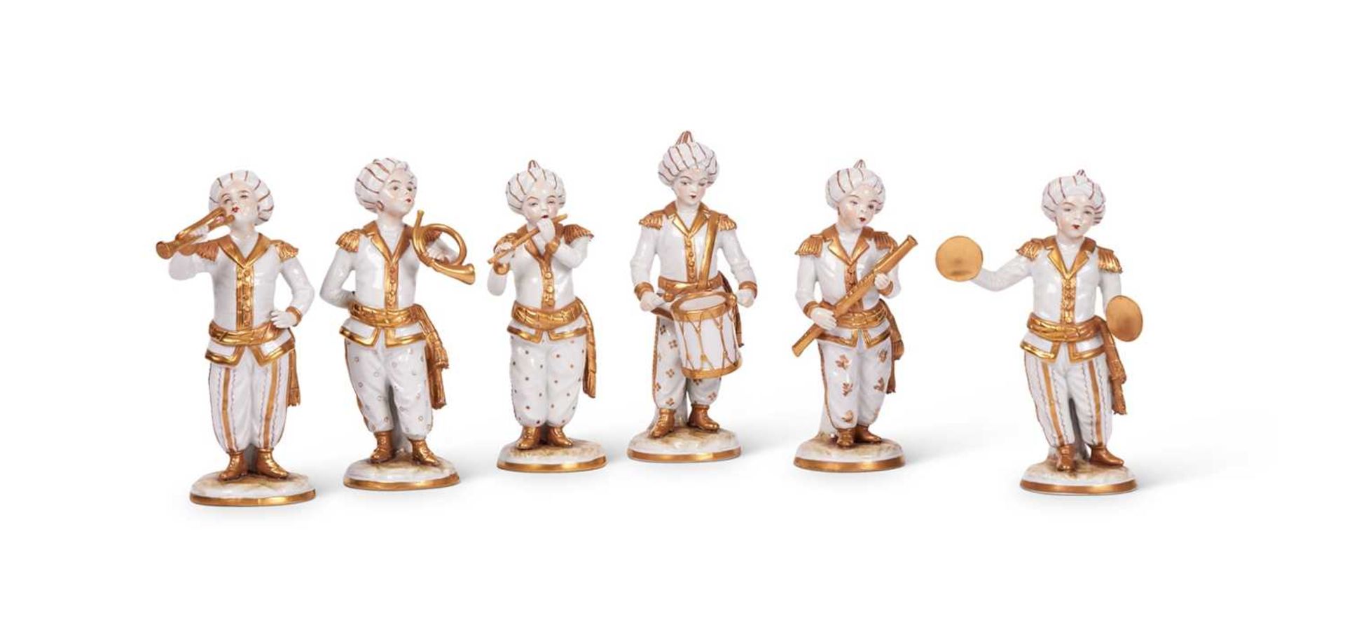 A SET OF SIX EARLY 20TH CENTURY SITZENDORF PORCELAIN FIGURES OF OTTOMAN MUSICIANS