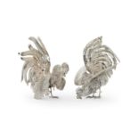 A LARGE PAIR OF STERLING SILVER FIGHTING COCKEREL TABLE ORNAMENTS BY CAMUSSO, PERU