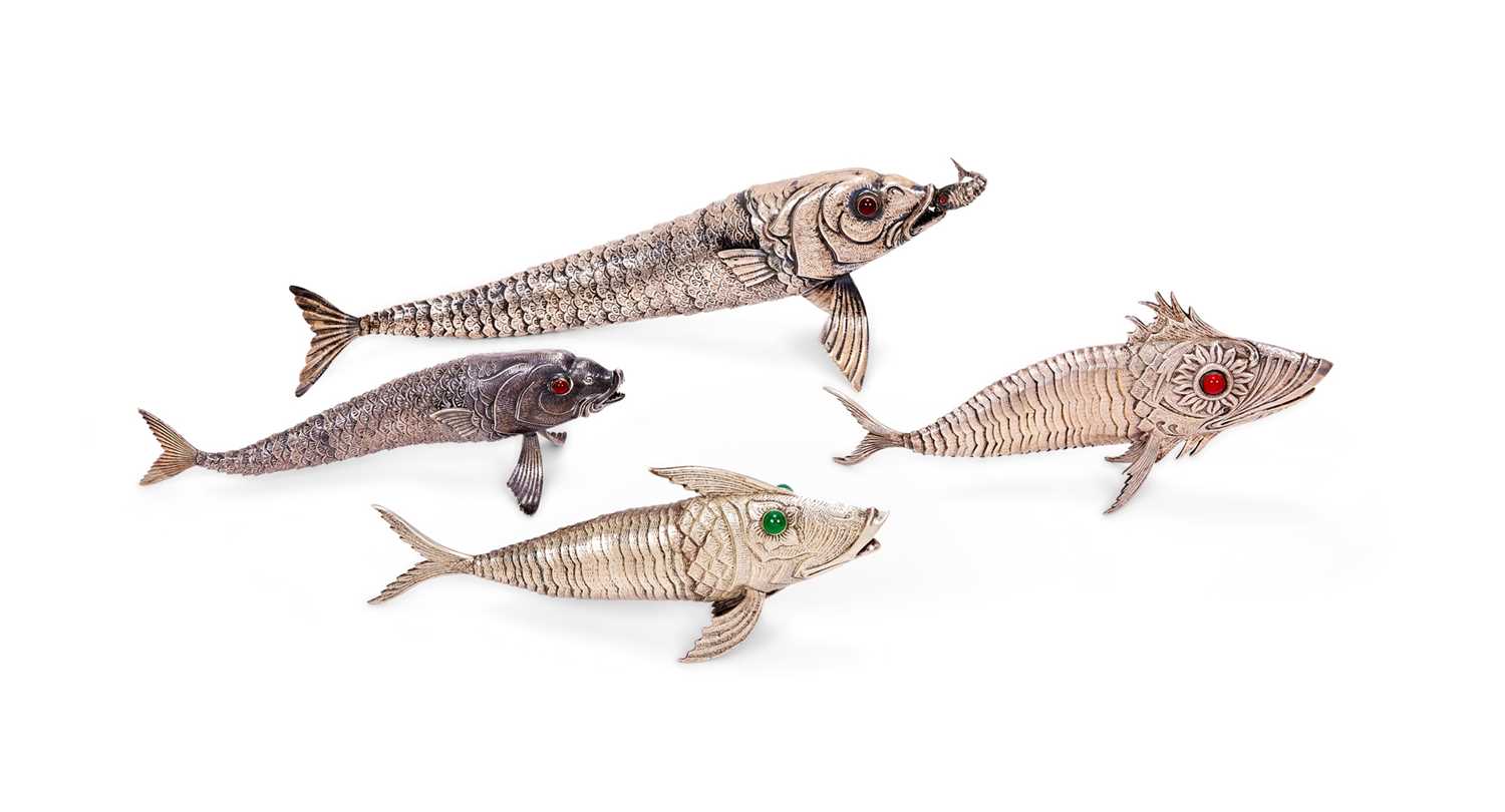 FOUR SILVER AND SILVERED METAL ARTICULATED MODELS OF FISH, 20TH CENTURY, SPANISH