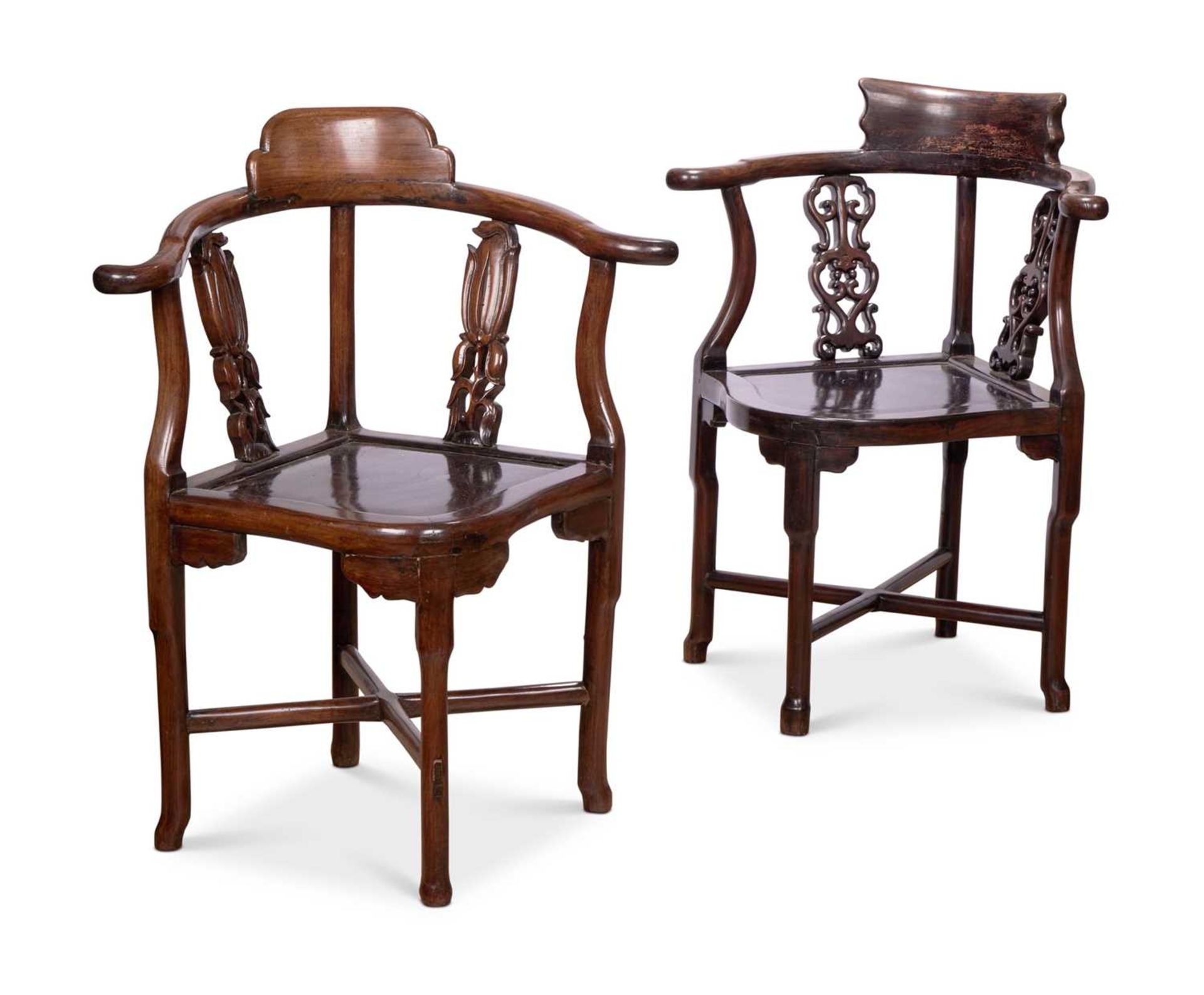 A HARLEQUIN PAIR OF 19TH CENTURY CHINESE HARDWOOD CHAIRS