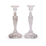 ATTRIBUTED TO BACCARAT: A PAIR OF EARLY 20TH CENTURY FROSTED GLASS FIGURAL CANDLESTICKS