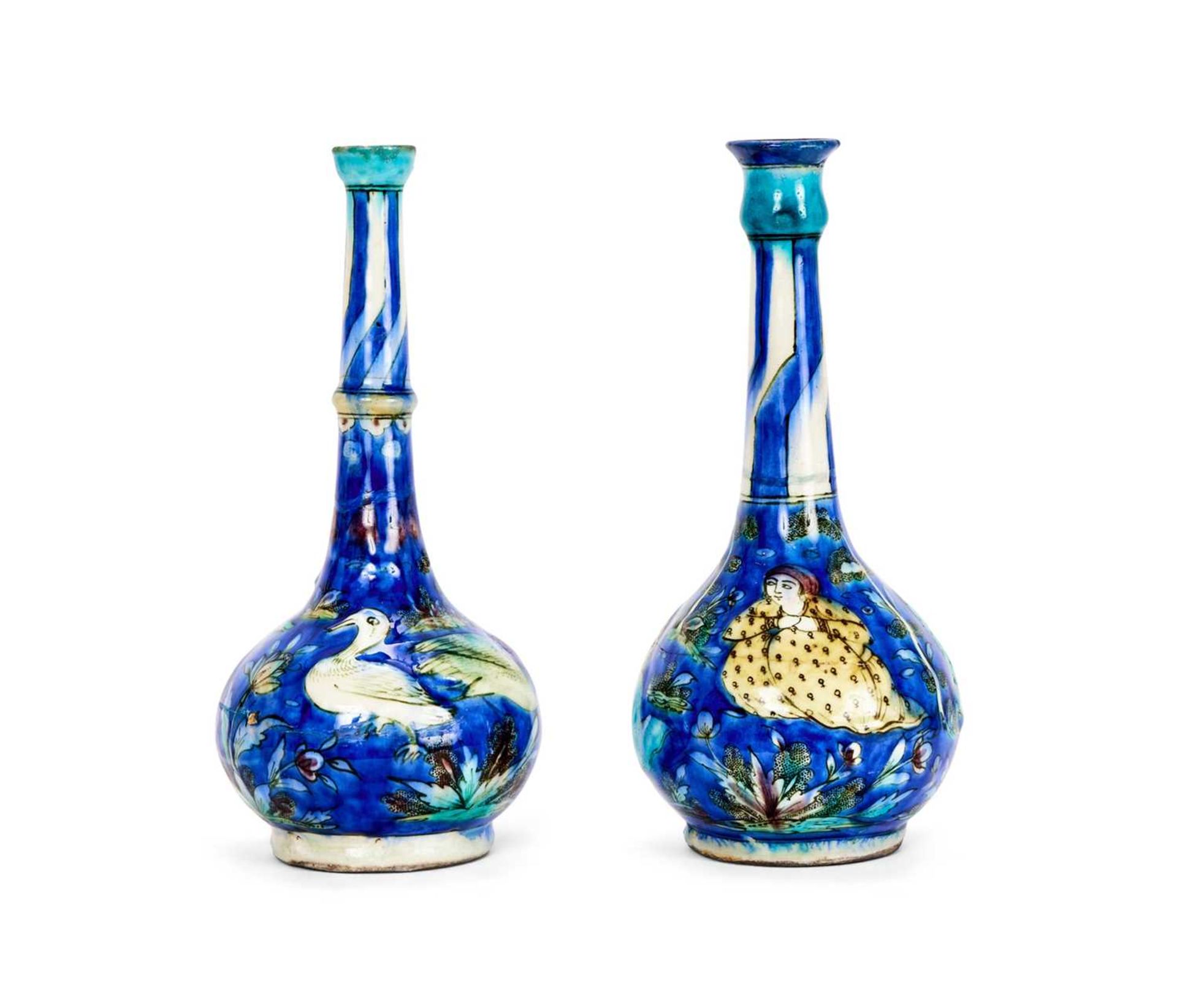 A HARLEQUIN PAIR OF 19TH CENTURY PERSIAN QAJAR BOTTLE VASES - Image 2 of 2