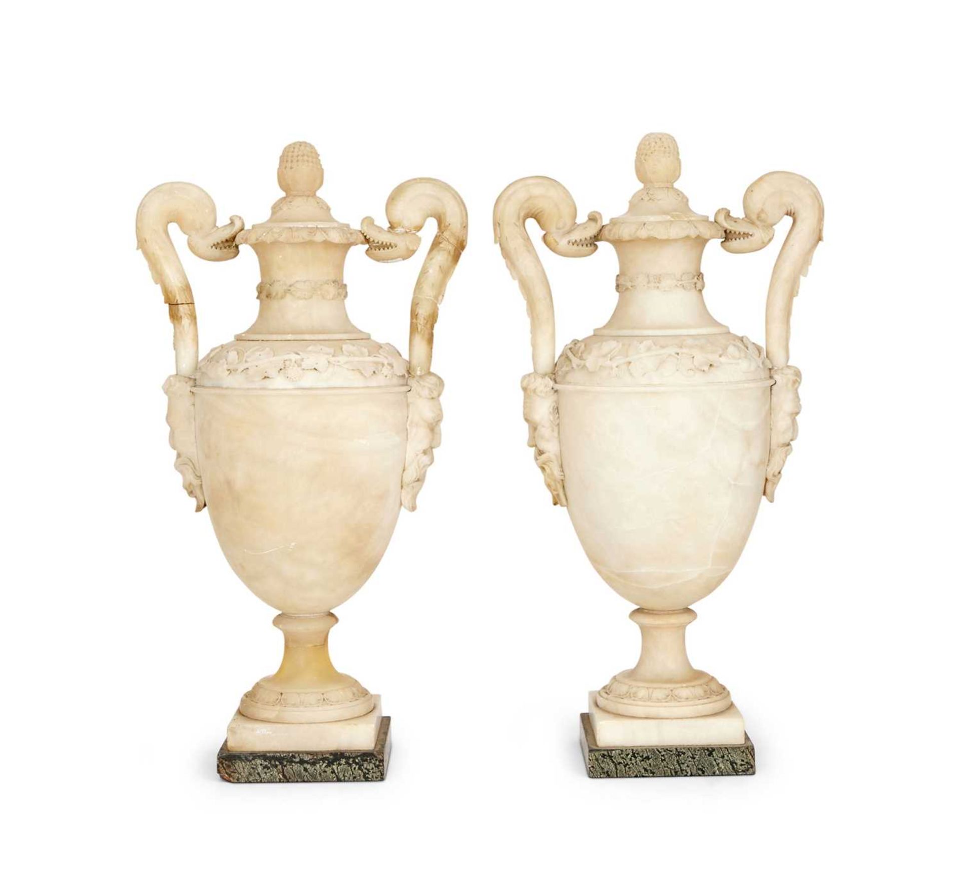 A LARGE PAIR OF 19TH CENTURY ITALIAN ALABASTER URNS AND COVERS IN THE STYLE OF PIRANESI - Image 10 of 12