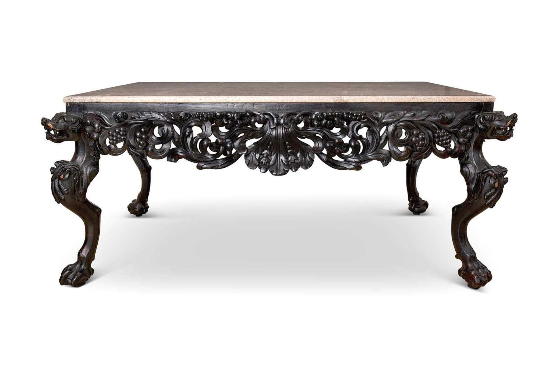 A 19TH CENTURY GEORGE II STYLE CARVED WOOD AND MARBLE TOPPED HALL TABLE