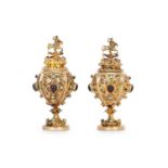 A PAIR OF 19TH CENTURY SILVER GILT AND GEM ENCRUSTED MINIATURE CUPS AND COVERS