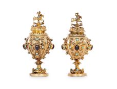 A PAIR OF 19TH CENTURY SILVER GILT AND GEM ENCRUSTED MINIATURE CUPS AND COVERS