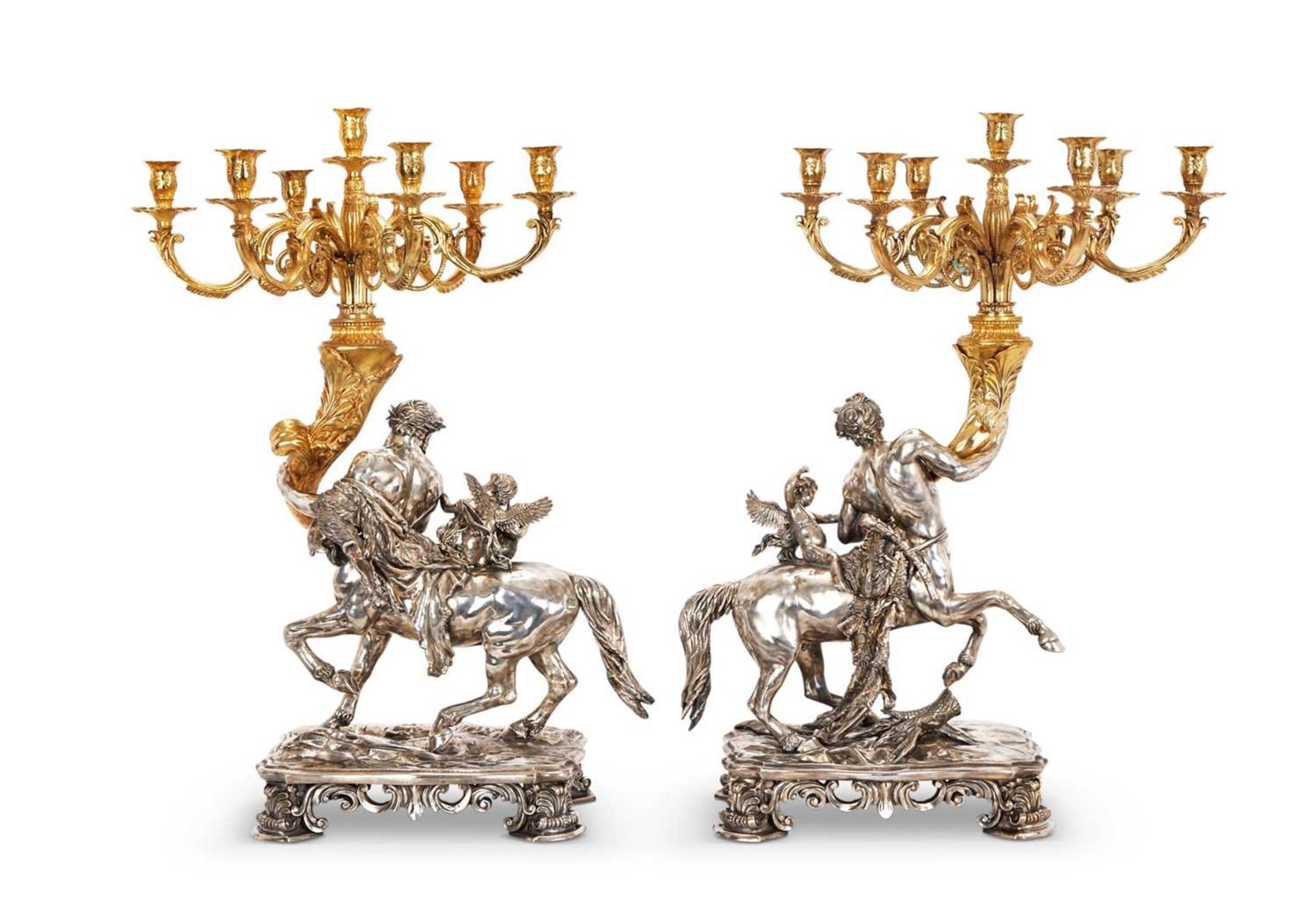 A MASSIVE PAIR OF SILVER AND SILVER GILT ITALIAN BAROQUE STYLE CANDELABRA - Image 2 of 9