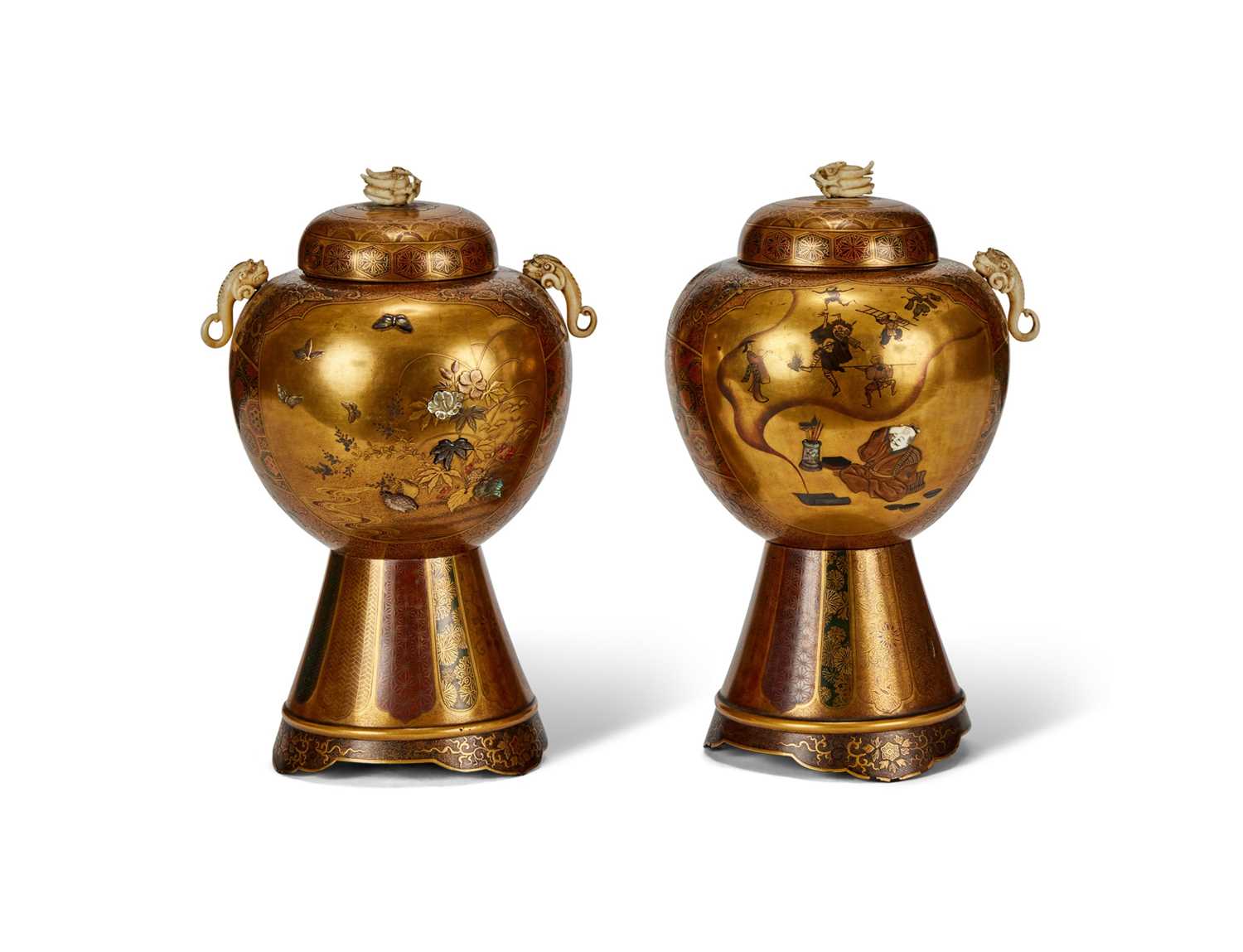 AN EXCEPTIONAL PAIR OF JAPANESE MEIJI PERIOD GOLD LACQUER AND SHIBAYAMA INLAID URNS