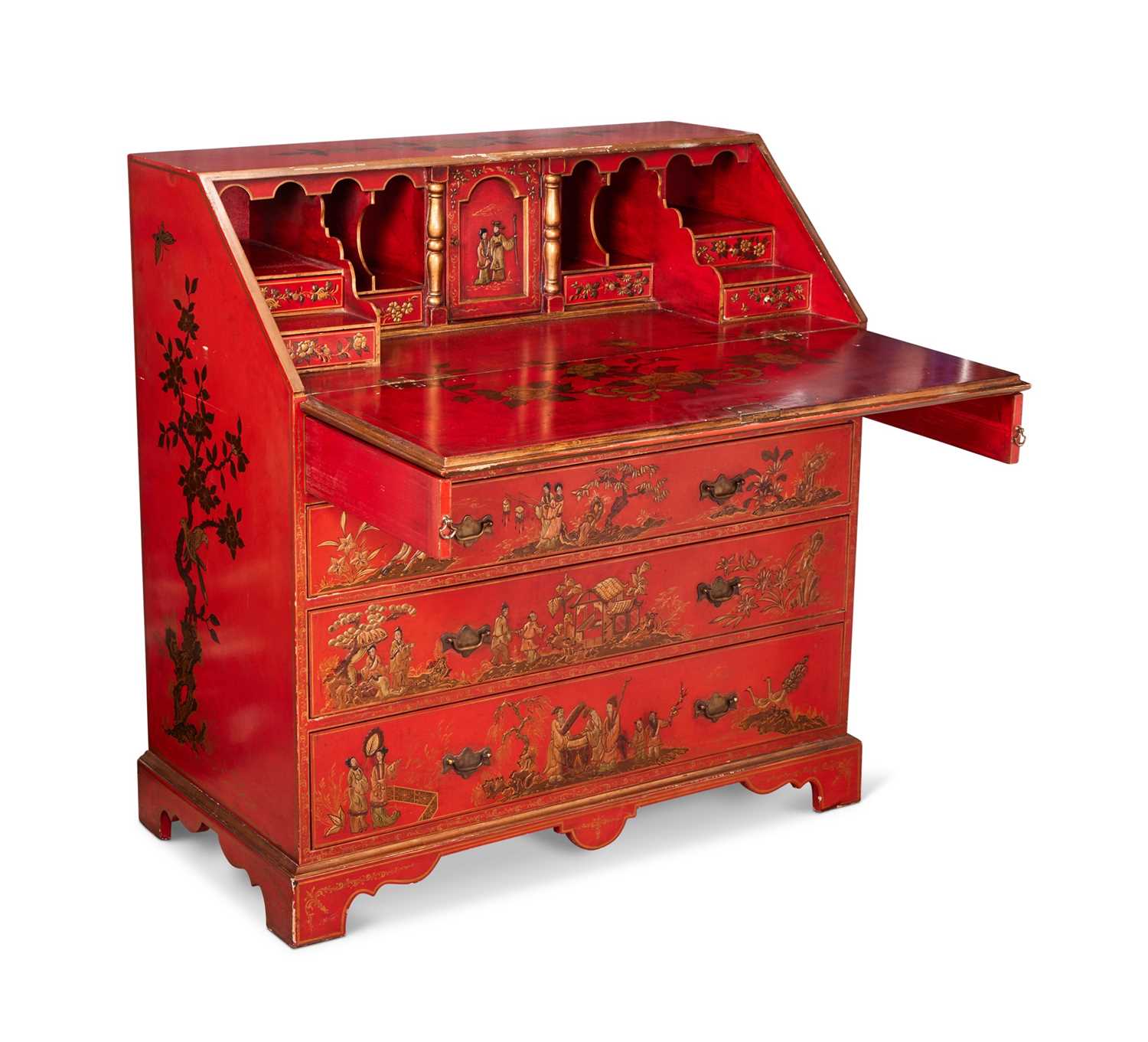 A GEORGE III STYLE RED LACQUERED 'JAPANNED' BUREAU