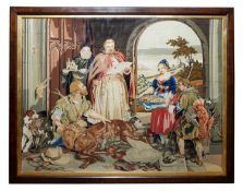 A LARGE LATE 19TH CENTURY WOOLWORK PANEL 'THE PREPARATION FOR THE FEAST'