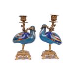 A PAIR OF 19TH CENTURY CHINESE CLOISONNE ENAMEL CANDLESTICKS MODELLED AS DOVES