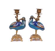 A PAIR OF 19TH CENTURY CHINESE CLOISONNE ENAMEL CANDLESTICKS MODELLED AS DOVES