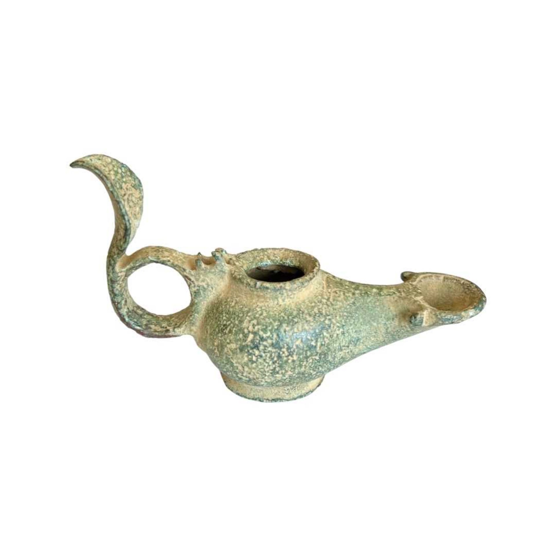 A ROMAN BRONZE OIL LAMP, 2ND - 3RD CENTURY AD.