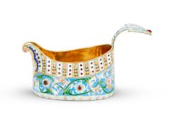 A SILVER GILT AND CLOISONNE ENAMEL AND JEWELLED RUSSIAN STYLE KOVSH