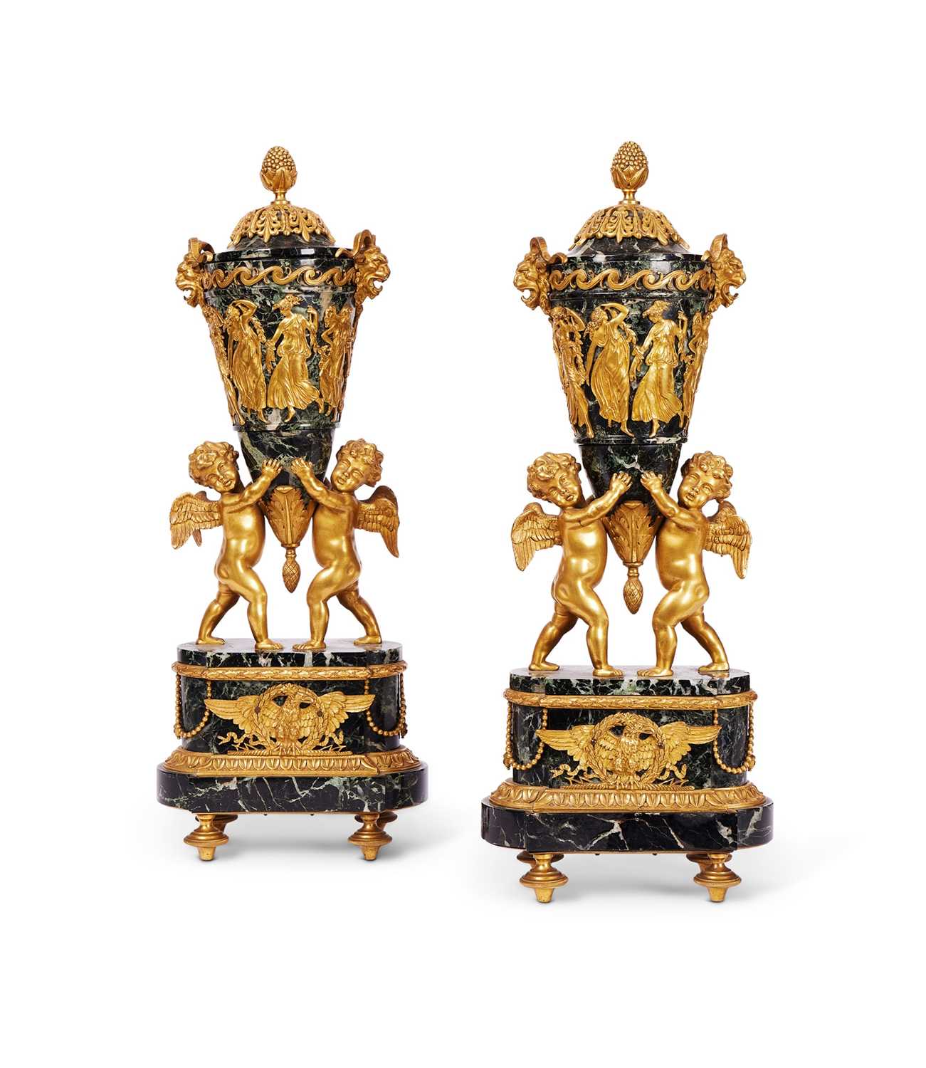 A PAIR OF 19TH CENTURY GILT BRONZE AND MARBLE VASES AND COVERS OF RUSSIAN DESIGN