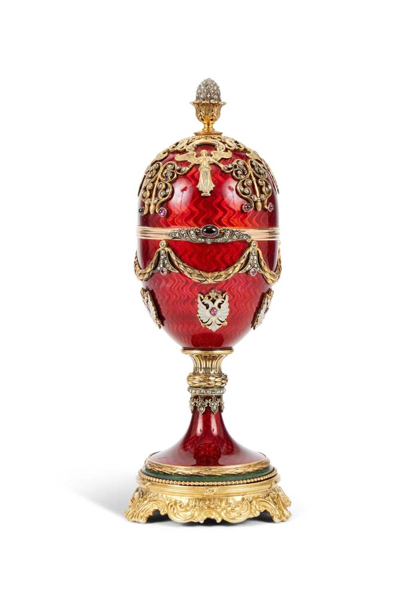 A FABERGE STYLE DIAMOND ENCRUSTED, GUILLOCHE ENAMEL, SILVER GILT AND 14CT GOLD MOUNTED SURPRISE EGG - Image 2 of 6