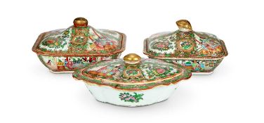 THREE 19TH CENTURY CHINESE EXPORT (CANTON) FAMILLE VERTE PORCELAIN TUREENS
