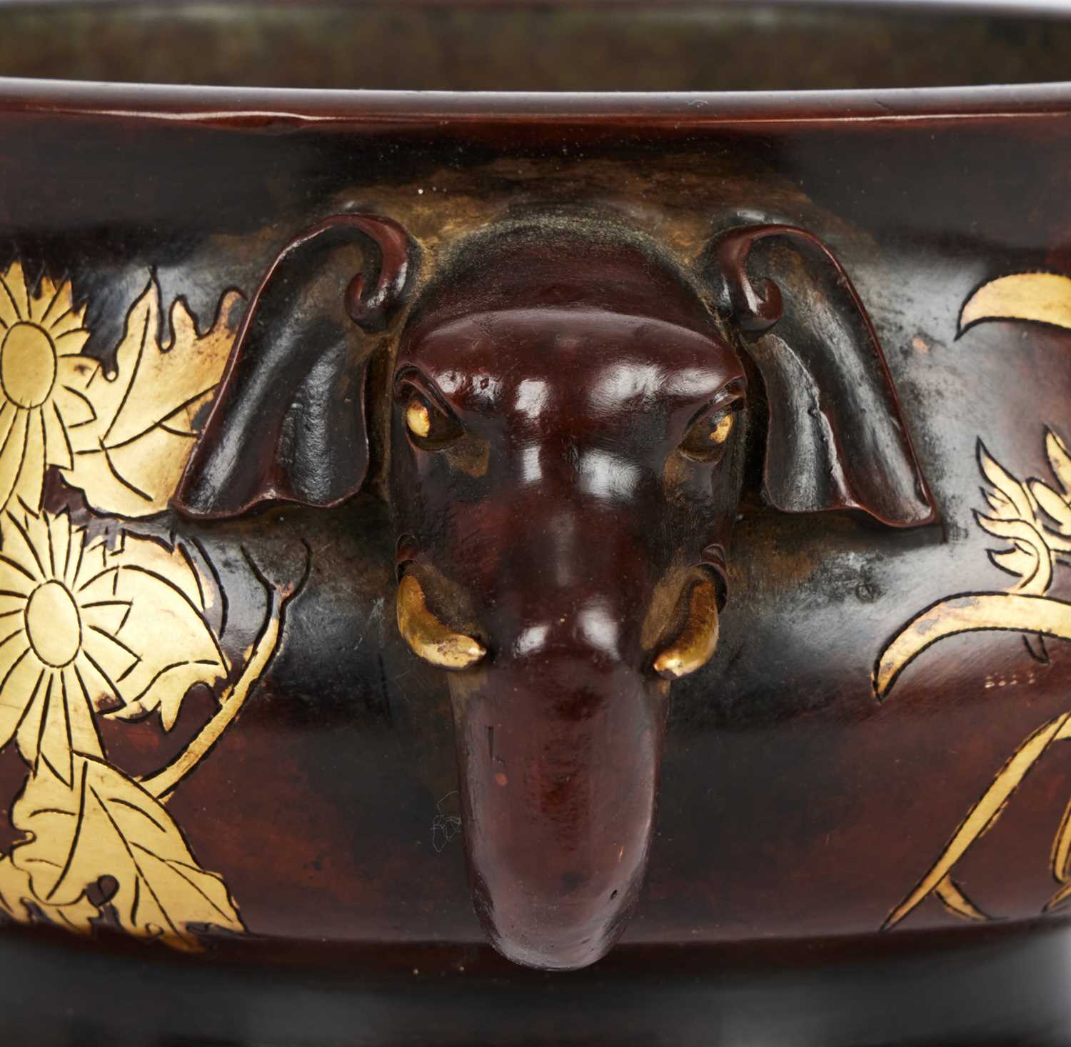 A CHINESE BRONZE AND PARCEL GILT ELEPHANT HANDLED CENSER - Image 2 of 2