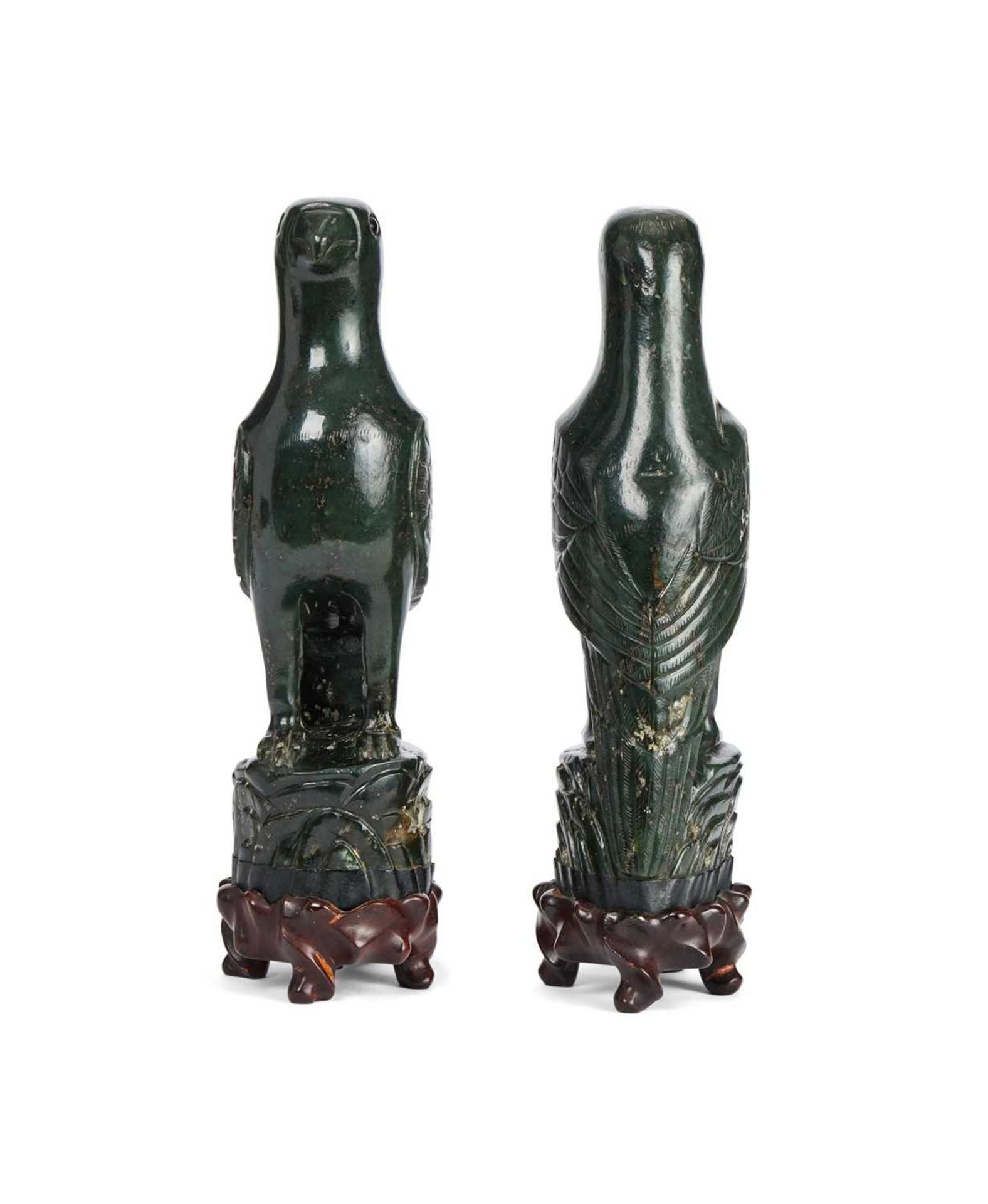 A PAIR OF CHINESE CARVED SPINACH JADE MODELS OF BIRDS - Image 2 of 2