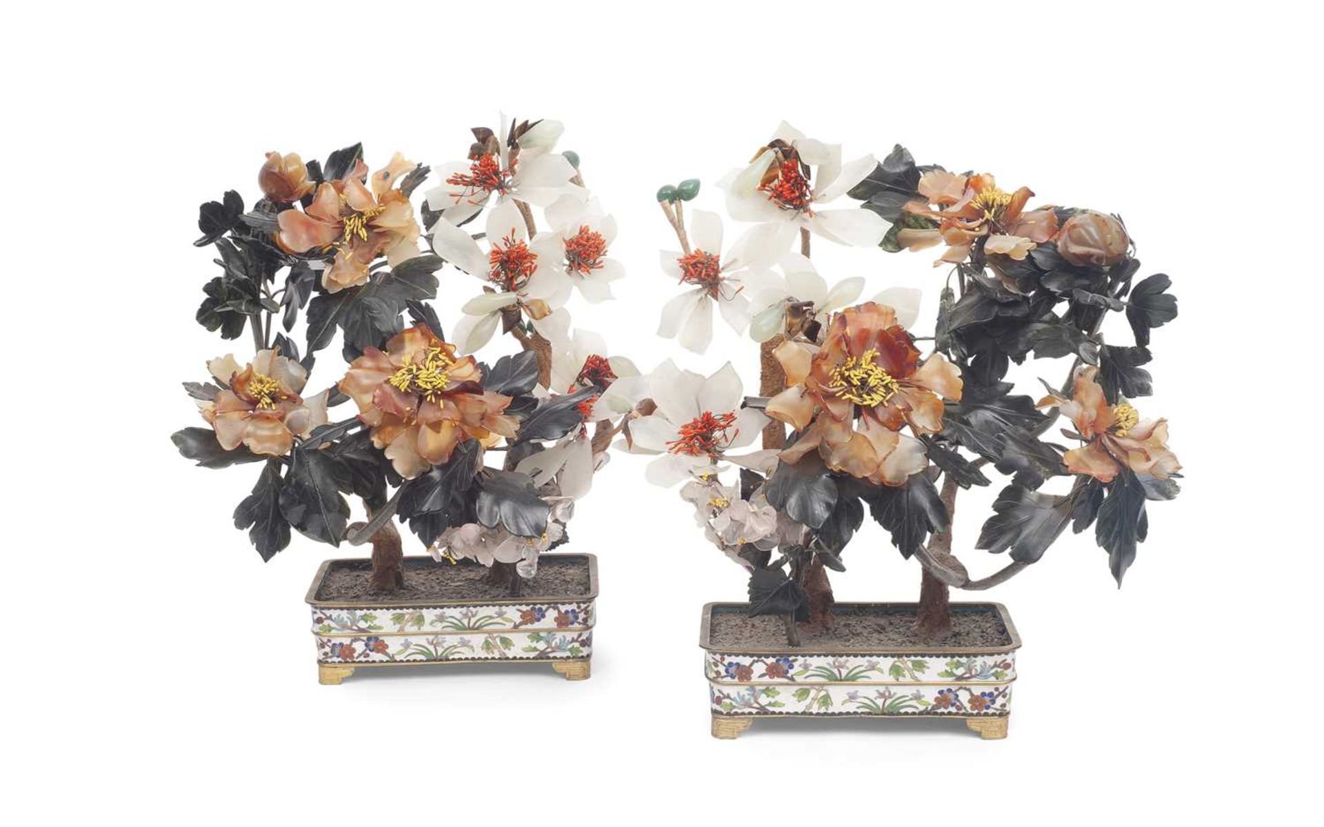 A PAIR OF 1960'S CHINESE ENAMEL AND HARDSTONE MOUNTED BONSAI TREES - Image 2 of 2
