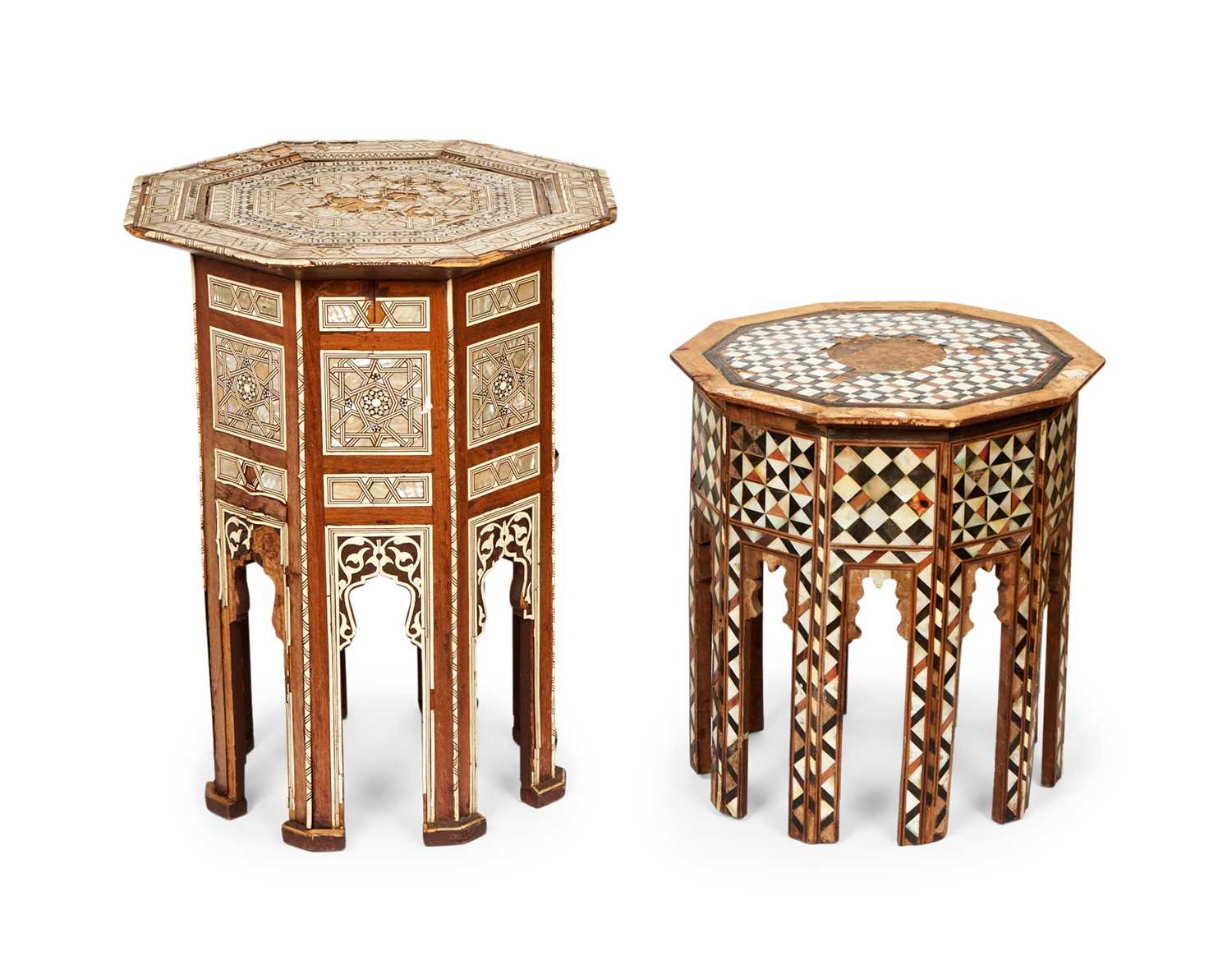 TWO OTTOMAN EARLY 20TH CENTURY MOTHER OF PEARL VENEERED OCCASIONAL TABLES