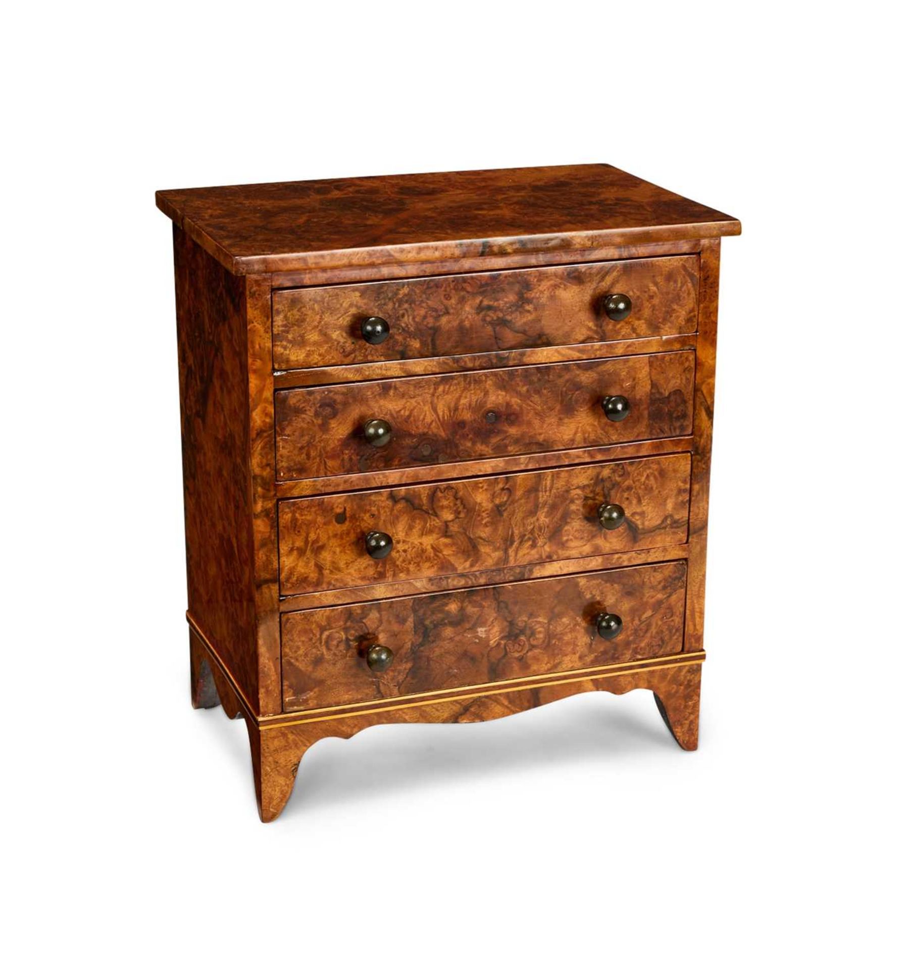 MINIATURE FURNITURE: A LATE 19TH CENTURY BURR WALNUT CHEST OF DRAWERS