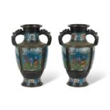 A PAIR OF CHINESE ARCHAIC STYLE BRONZE AND CLOISONNE ENAMEL VASES