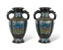 A PAIR OF CHINESE ARCHAIC STYLE BRONZE AND CLOISONNE ENAMEL VASES