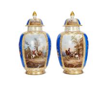 A LARGE PAIR OF 19TH CENTURY DRESDEN AUGUSTUS REX PORCELAIN VASES OF EQUESTRIAN THEME