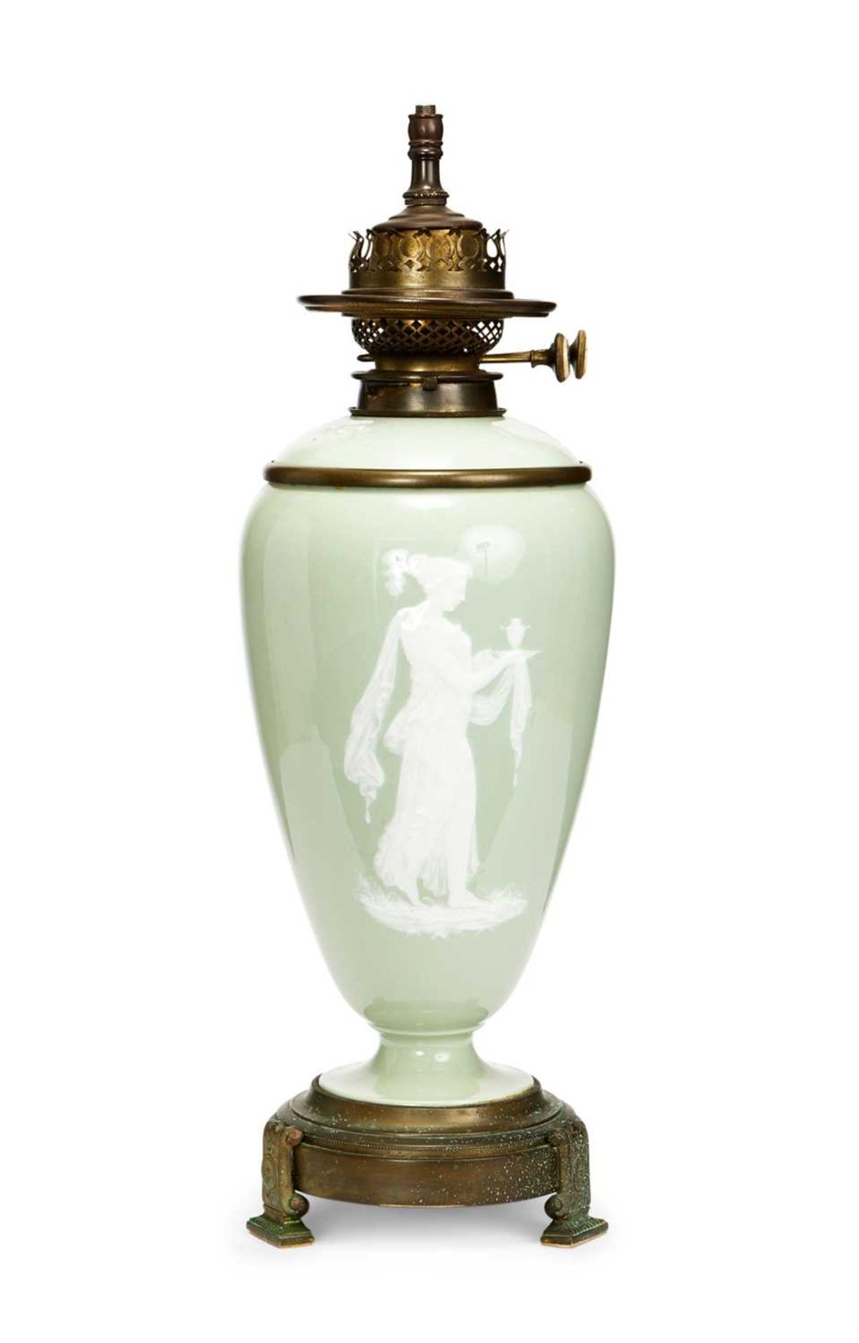 A LATE 19TH CENTURY CELADON PATE SUR PATE PORCELAIN LAMP BASE BY JAMES HINKS