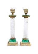 A PAIR OF SILVER GILT, MALACHITE AND ROCK CRYSTAL CANDLESTICKS, ITALIAN, 20TH CENTURY