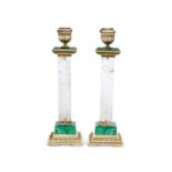 A PAIR OF SILVER GILT, MALACHITE AND ROCK CRYSTAL CANDLESTICKS, ITALIAN, 20TH CENTURY