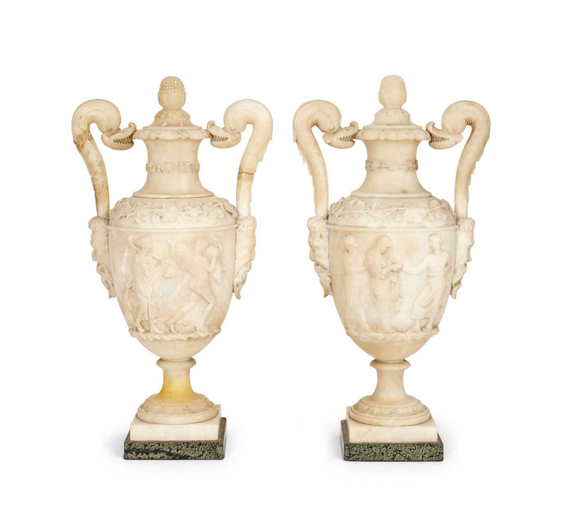 A LARGE PAIR OF 19TH CENTURY ITALIAN ALABASTER URNS AND COVERS IN THE STYLE OF PIRANESI - Image 3 of 12