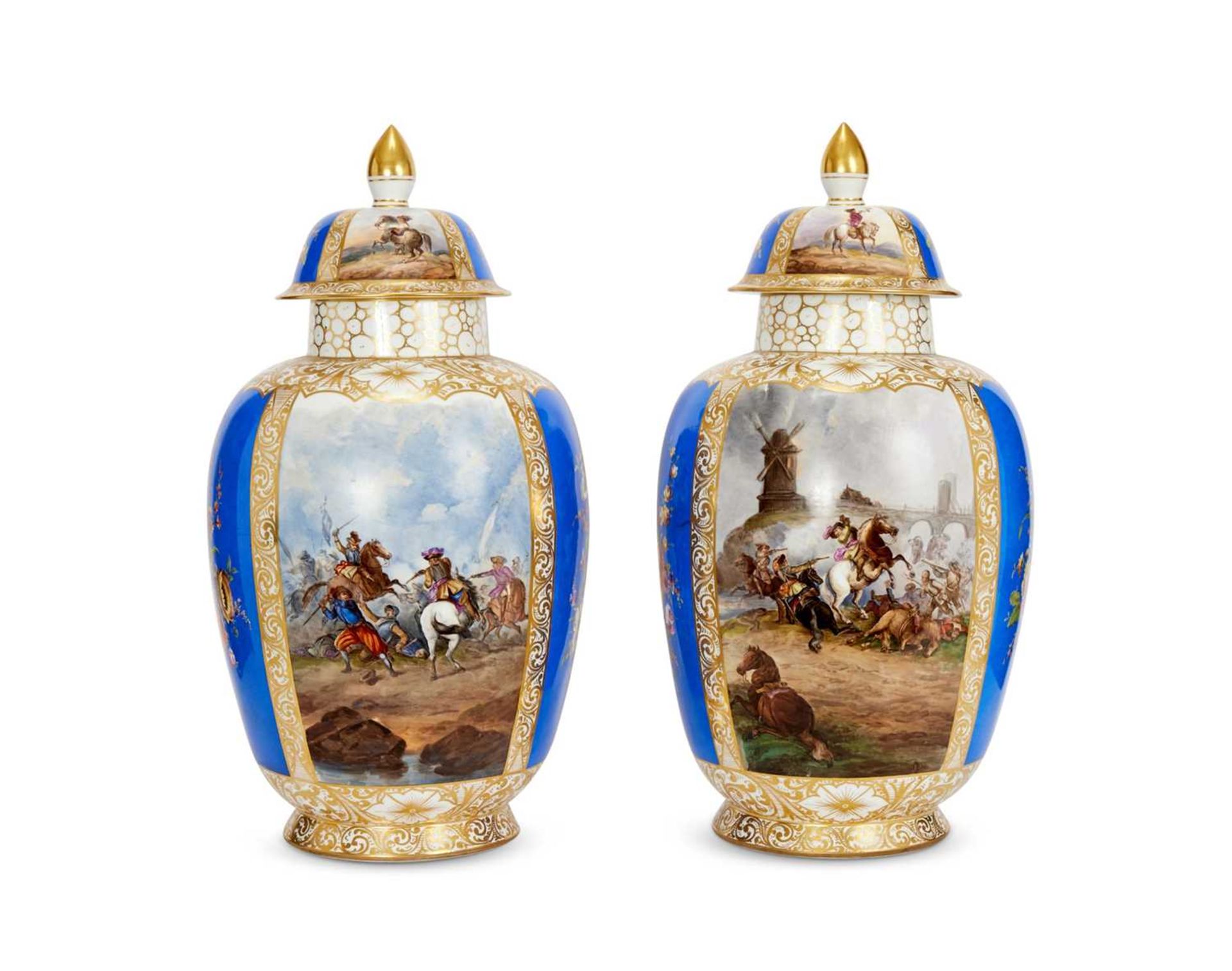 A LARGE PAIR OF 19TH CENTURY DRESDEN AUGUSTUS REX PORCELAIN VASES OF EQUESTRIAN THEME - Image 2 of 2