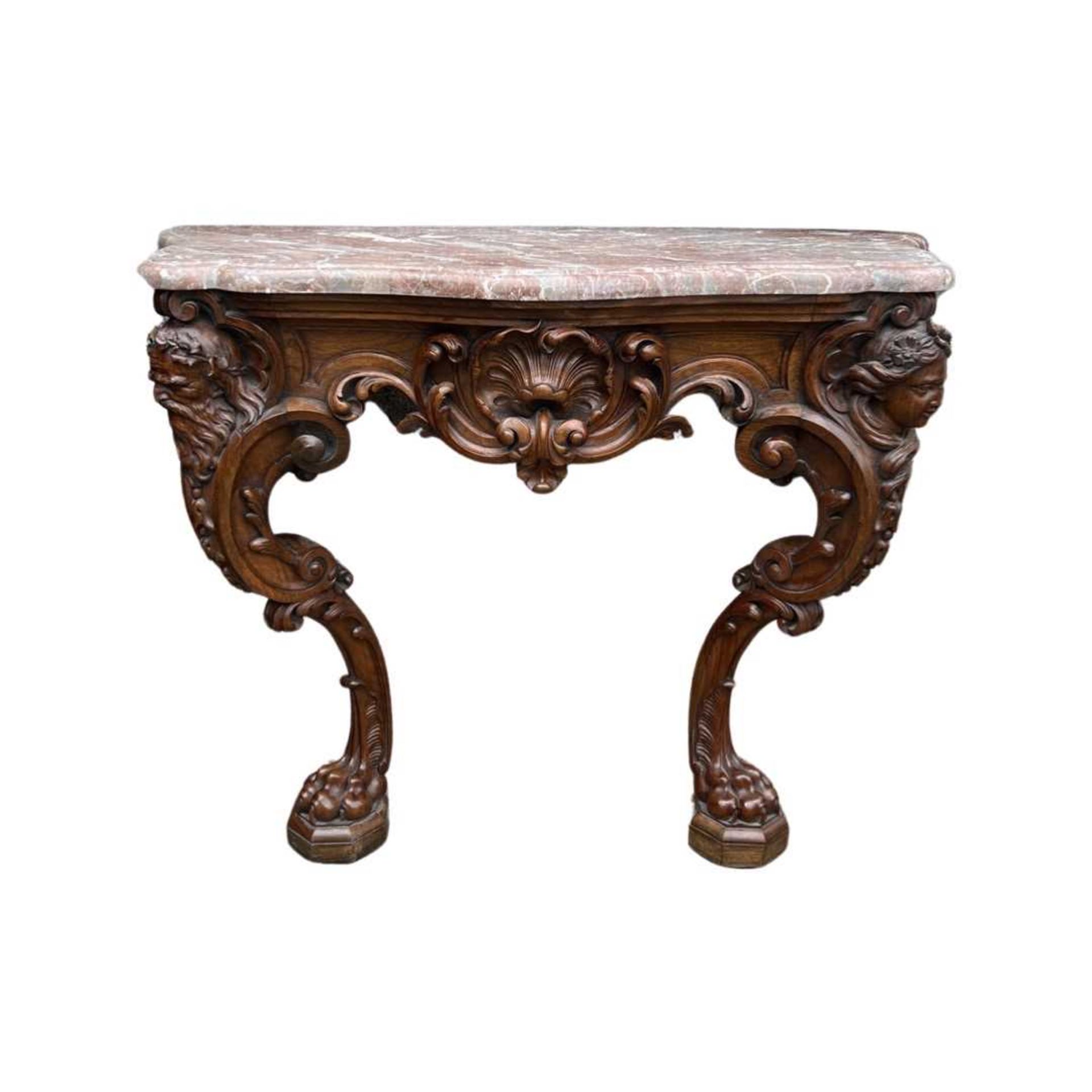 A FINE 19TH CENTURY IRISH WALNUT AND MARBLE CONSOLE TABLE