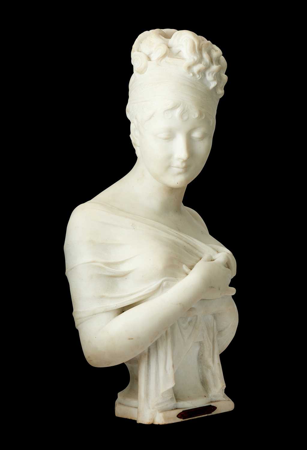 AFTER JOSEPH CHINARD (FRENCH, 1756-1813): A LATE 19TH CENTURY MARBLE BUST OF MADAME RECAMIER - Image 2 of 3