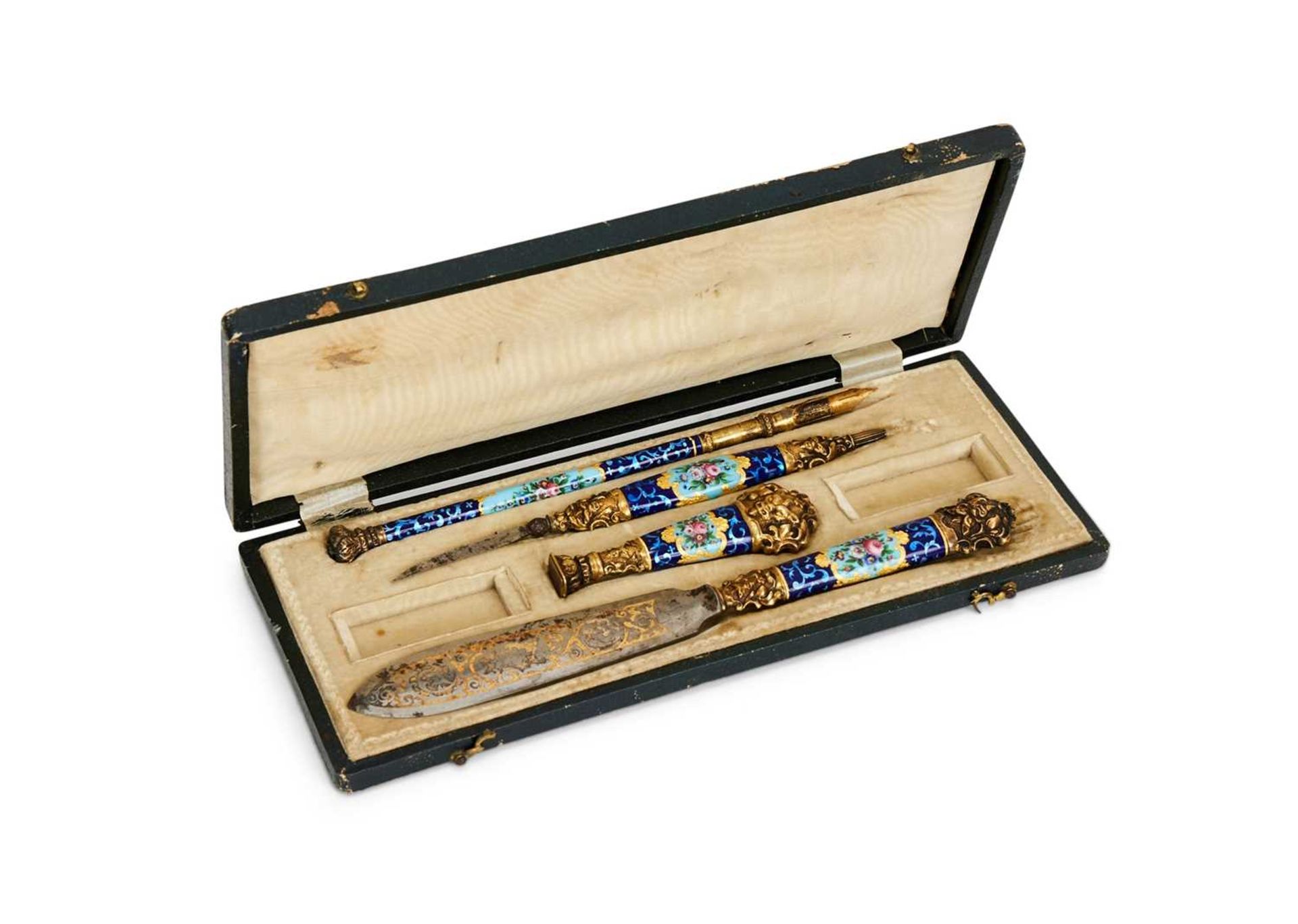 A MID 19TH CENTURY ENAMELLED AND SILVER GILT WRITING SET FOR THE OTTOMAN MARKET