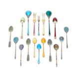 A COLLECTION OF EIGHTEEN SILVER AND ENAMEL SPOONS AND FORKS, RUSSIAN AND EUROPEAN