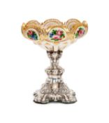 A 19TH CENTURY FRENCH OVERLAY GLASS VASE ON SILVER BASE
