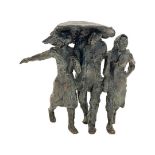 A MODERN BRONZE FIGURAL GROUP OF FIGURES UNDER AN UMBRELLA