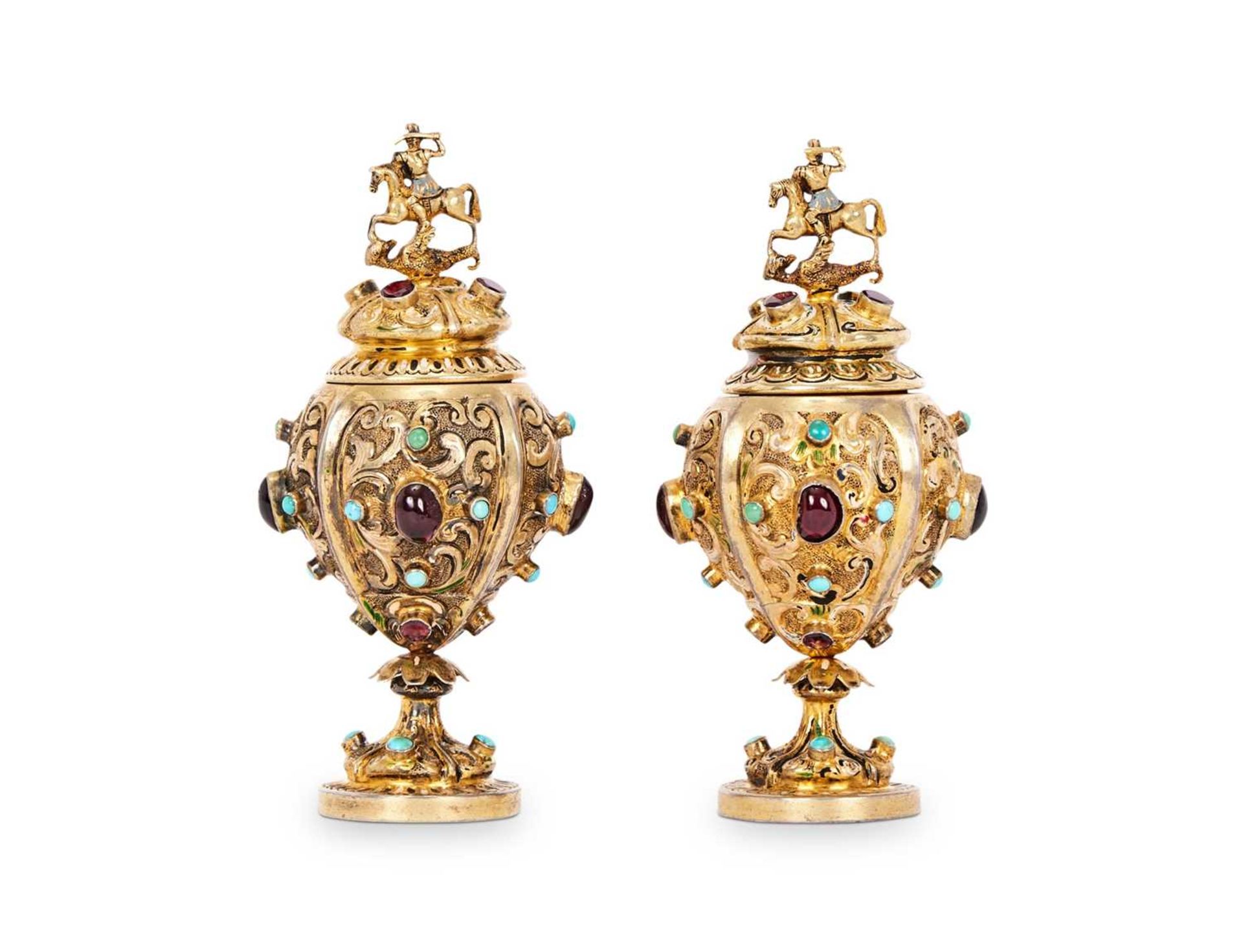 A PAIR OF 19TH CENTURY SILVER GILT AND GEM ENCRUSTED MINIATURE CUPS AND COVERS - Image 2 of 3